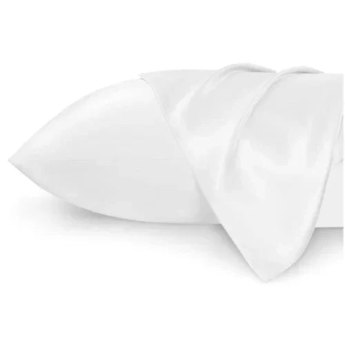 Fronha de seda branca para almofada ergonómica, textura lisa e aspecto brilhante.